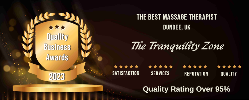Certificate for the best massage therapist in Dundee.  Awarded to The Tranquility Zone 2023 with a quality rating of over 95%.  Five stars for satisfaction, five stars for services, 5 stars for reputation, 5 stars for quality.  